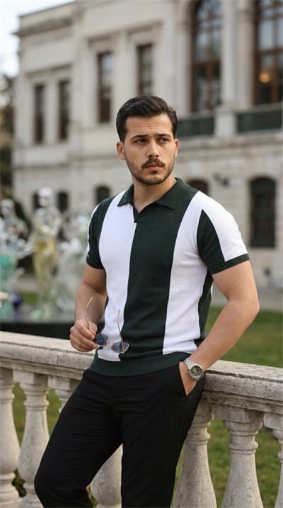 Erkek Kısa Kollu Polo Yakalı Blok Desenli Triko Bluz