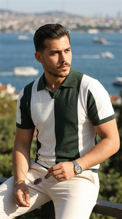 Erkek Kısa Kollu Polo Yakalı Blok Desenli Triko Bluz