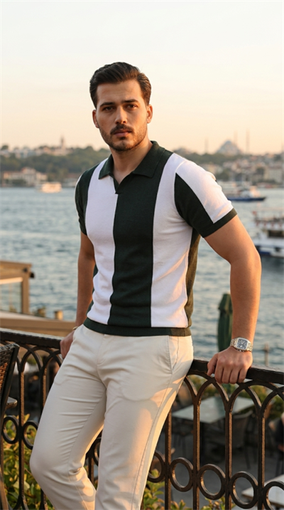 Erkek Kısa Kollu Polo Yakalı Blok Desenli Triko Bluz