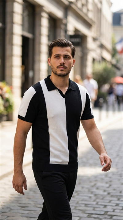 Erkek Kısa Kollu Polo Yakalı Blok Desenli Triko Bluz