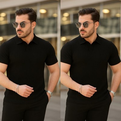 Erkek Kısa Kollu Yakalı çizgi Desenli Triko Bluz