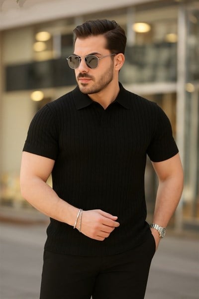 Erkek Kısa Kollu Yakalı çizgi Desenli Triko Bluz