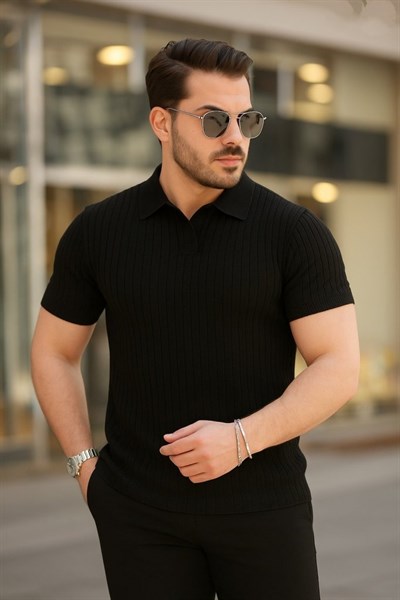 Erkek Kısa Kollu Yakalı çizgi Desenli Triko Bluz
