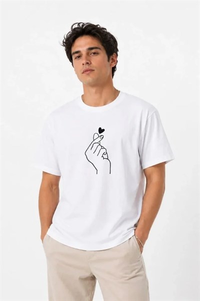 Erkek Kore Parmak Kalp Aşk Temalı Minimal Baskılı Tişört Yazlık Kısa Kol T-Shirt - Beyaz
