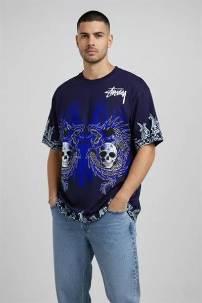 Erkek Lacivert Oversize Tişört Dragon - Kuru Kafa Baskılı Bisiklet Yaka Streetwear T-Shirt - Lacivert