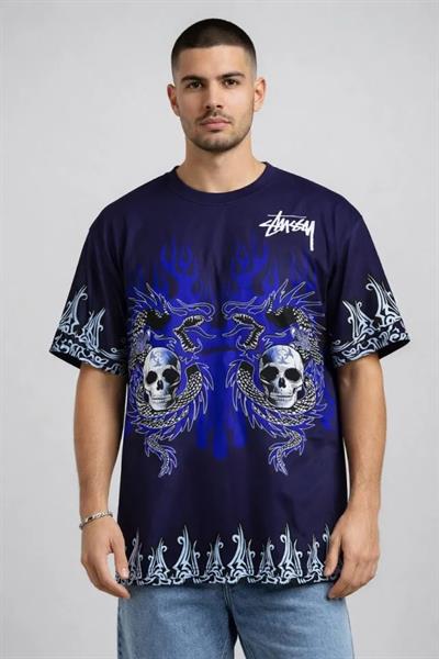 Erkek Lacivert Oversize Tişört Dragon - Kuru Kafa Baskılı Bisiklet Yaka Streetwear T-Shirt - Lacivert