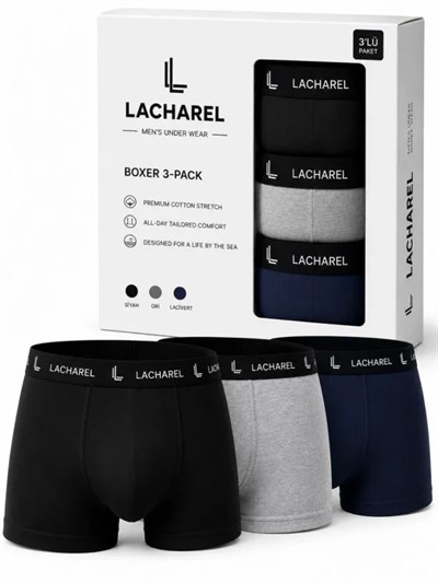 Erkek Likralı Pamuklu Nefes Alan Penye Boxer 3lü Paket - Siyah - Gri - Lacivert