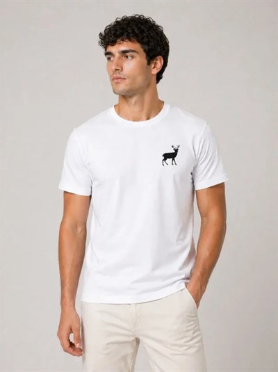 Erkek Minimal Geyik Logolu Tişört Bisiklet Yaka Kısa Kol Yazlık T-Shirt - Beyaz