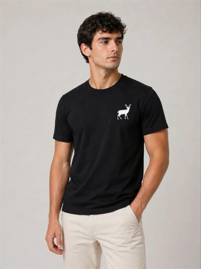 Erkek Minimal Geyik Logolu Tişört Bisiklet Yaka Kısa Kol Yazlık T-Shirt - Siyah