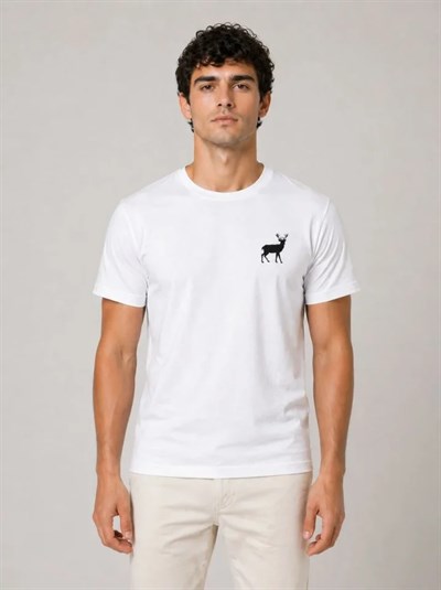 Erkek Minimal Geyik Logolu Tişört Bisiklet Yaka Kısa Kol Yazlık T-Shirt - Beyaz