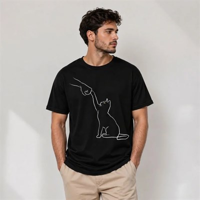 Erkek Minimal Kedi Çizim Baskılı Tişört Kısa Kol Yazlık T-Shirt - Siyah