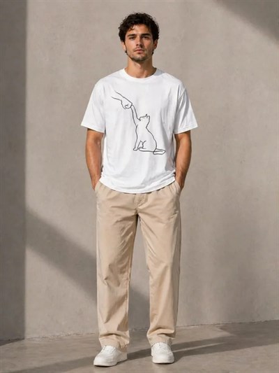 Erkek Minimal Kedi Çizim Baskılı Tişört Kısa Kol Yazlık T-Shirt - Beyaz