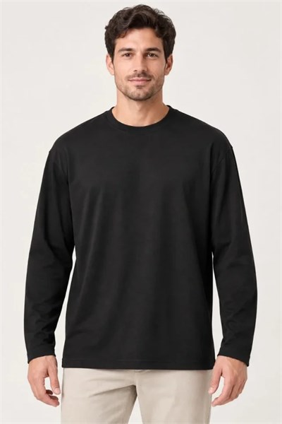 Erkek Modal Yumuşak Dokulu Bisiklet Yaka Uzun Kollu Tişört Sweatshirt - Siyah