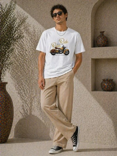 Erkek Motosiklet Baskılı Tişört Bisiklet Yaka Kısa Kol Yazlık T-Shirt - Beyaz