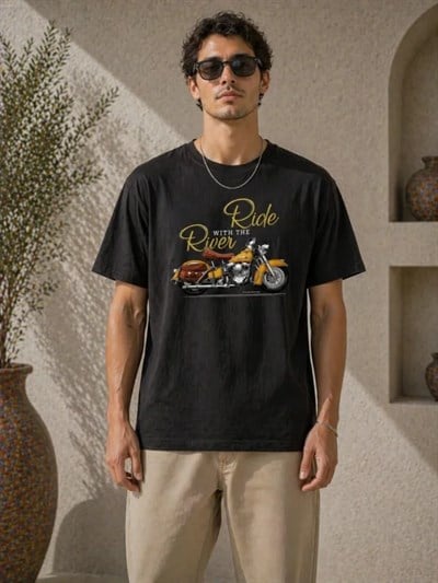 Erkek Motosiklet Baskılı Tişört Bisiklet Yaka Kısa Kol Yazlık T-Shirt - Siyah