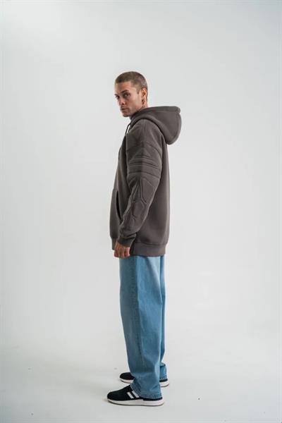 Erkek Nakış İşlemeli Kapşonlu Antrasit Sweatshirt Üç İplik Double Oversize- Füme