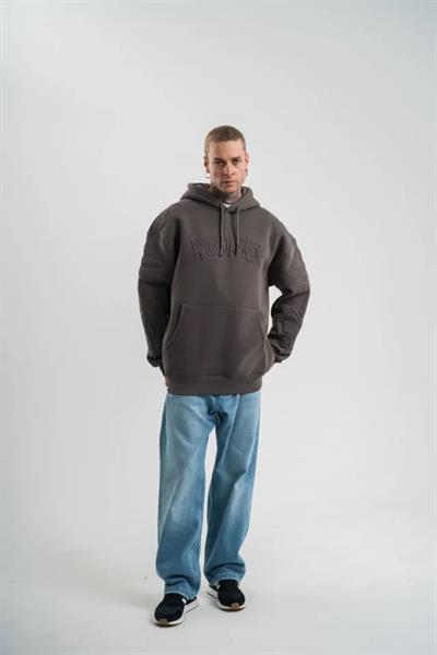 Erkek Nakış İşlemeli Kapşonlu Antrasit Sweatshirt Üç İplik Double Oversize- Füme