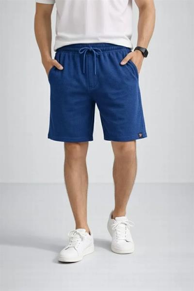 Erkek Otoban Dokuma Şort Beli Lastikli Bağcıklı, Cepli, Rahat Kesim Günlük Yazlık Şort - İndigo