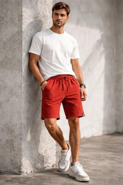 Erkek Otoban Dokuma Şort Beli Lastikli Bağcıklı, Cepli, Rahat Kesim Günlük Yazlık Şort - Turuncu