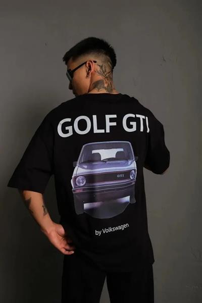 Erkek Oversize Baskılı Tişört – Golf GTI Retro Araba Desenli, Ön - Arka Dijital Baskı, Sokak Modası Stil - Siyah