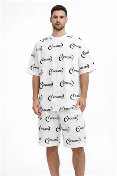 Erkek Oversize Ön Ve Arka Baskılı Tişört Şort Takım Rahat Kalıp Yazlık Günlük Kombin - Beyaz