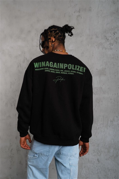 Erkek Oversize Sweatshirt – Siyah Renk  Ön Ve Sırt Baskılı, Üç İplik İçi Pamuklu Kumaş, Rahat Kalıp, Ribanalı Kışlık Sweat  Winagain Polizei Serisi - Siyah