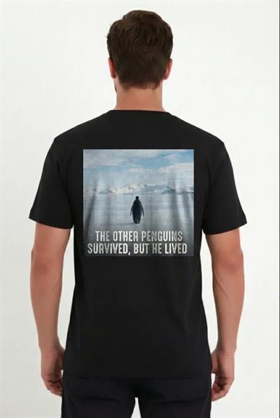 Erkek Oversize Tişört - Sırt Baskılı Survivor Penguin Temalı, Felsefi Yazılı Bisiklet Yaka Tişört - Siyah