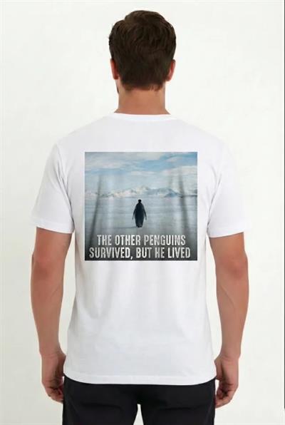 Erkek Oversize Tişört - Sırt Baskılı Survivor Penguin Temalı, Felsefi Yazılı Bisiklet Yaka Tişört - Beyaz
