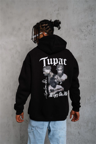 Erkek Oversize Üç İplik Kapüşonlu Sweat – Siyah Kol Ve Etek Ribana Detaylı, Ön Ve Sırt Baskılı, Kanguru Cepli Rahat Kalıp Model