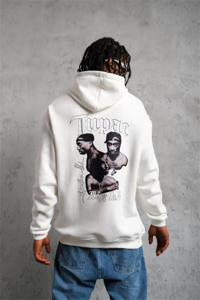 Erkek Oversize Üç İplik Kapüşonlu Sweat – Kol Ve Etek Ribana Detaylı, Ön Ve Sırt Baskılı, Kanguru Cepli Rahat Kalıp Model - Beyaz