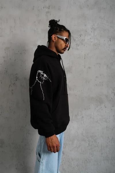 Erkek Oversize Üç İplik Kapüşonlu Sweatshirt – Siyah “Don’t Be Terrified” Ön, Sırt Ve Kol Baskılı, Kanguru Cepli, Ribanalı Rahat Model- Siyah