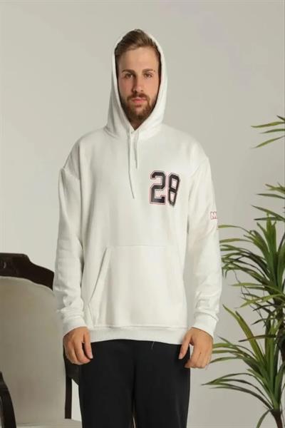 Erkek Oversize Üç İplik Kapüşonlu Sweatshirt –Sırt Ve Ön Baskılı, Kanguru Cepli, Rahat Kalıp Maskot Desenli Model - Siyah Beyaz
