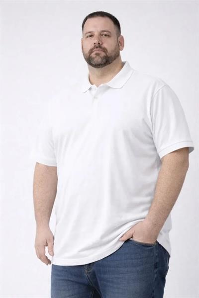 Erkek Pike Kumaş Düğmeli Yaka Battal Büyük Beden Günlük Kısa Kol Tişört T-shirt - Beyaz