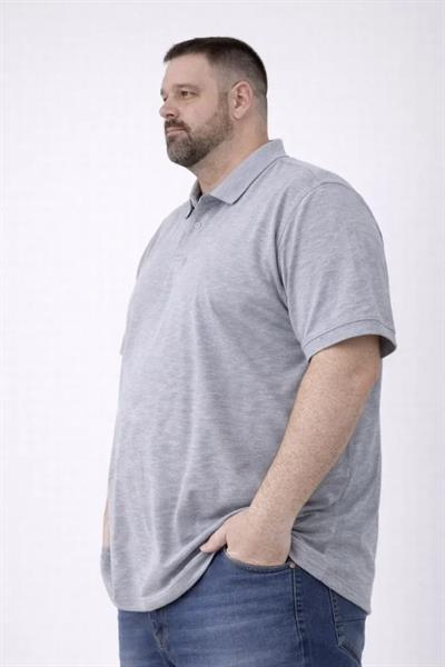 Erkek Pike Kumaş Düğmeli Yaka Battal Büyük Beden Günlük Kısa Kol Tişört T-shirt - Gri