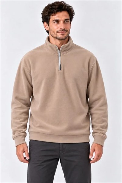 Erkek Polar Dik Yaka Yarım Fermuarlı Uzun Kollu Regular Fit Kışlık Sweatshirt - Bej