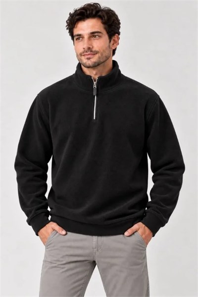 Erkek Polar Dik Yaka Yarım Fermuarlı Uzun Kollu Regular Fit Kışlık Sweatshirt - Siyah