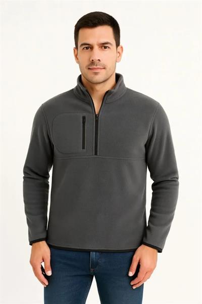 Erkek Polar Kazak Dik Yaka Yarım Fermuarlı Fermuarlı Göğüs Cepli Siyah Biyeli - Füme