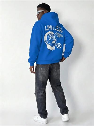 Erkek Premium Baskılı Kapşonlu Sweatshirt Üç İplik İçi Pamuklu Kanguru Cepli - Saks Mavisi