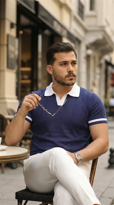 Erkek Renkli Yakalı File Desenli Kısa Kollu Tişört