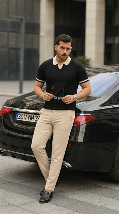 Erkek Renkli Yakalı File Desenli Kısa Kollu Tişört