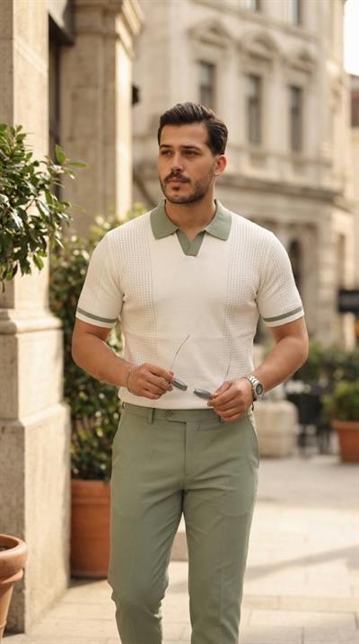 Erkek Renkli Yakalı File Desenli Kısa Kollu Tişört