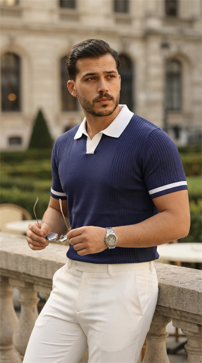 Erkek Renkli Yakalı File Desenli Kısa Kollu Tişört