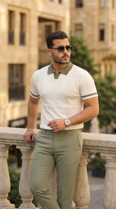 Erkek Renkli Yakalı File Desenli Kısa Kollu Tişört