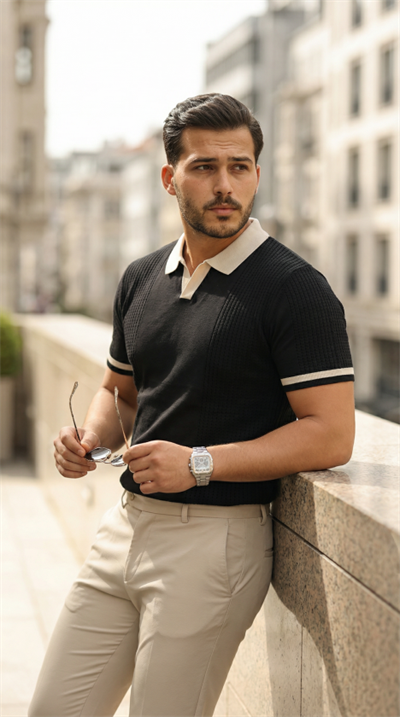 Erkek Renkli Yakalı File Desenli Kısa Kollu Tişört