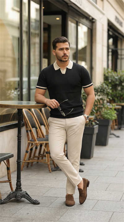 Erkek Renkli Yakalı File Desenli Kısa Kollu Tişört