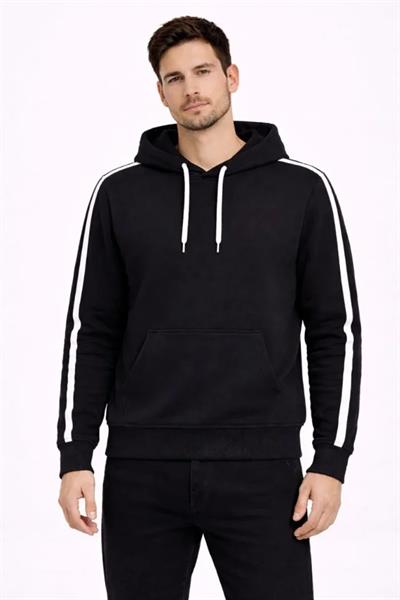 Erkek Şeritli Kapüşonlu Sweatshirt Oversize 3 Iplik Pamuklu - Siyah