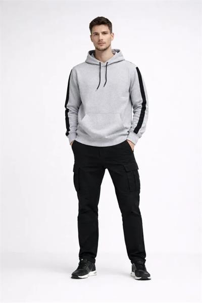 Erkek Şeritli Kapüşonlu Sweatshirt Oversize 3 Iplik Pamuklu - Beyaz