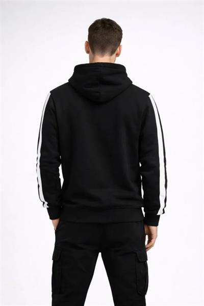 Erkek Şeritli Kapüşonlu Sweatshirt Oversize 3 Iplik Pamuklu - Siyah