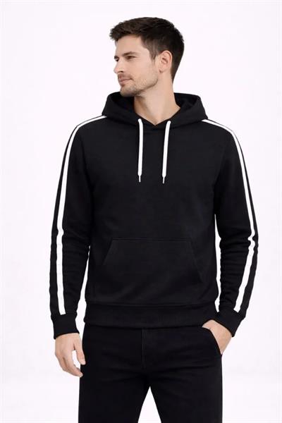 Erkek Şeritli Kapüşonlu Sweatshirt Oversize 3 Iplik Pamuklu - Siyah