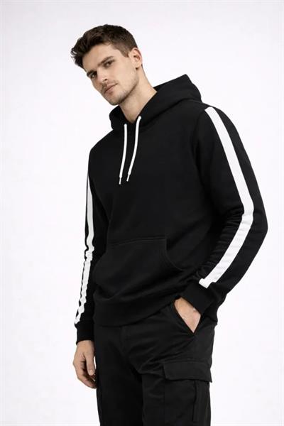 Erkek Şeritli Kapüşonlu Sweatshirt Oversize 3 Iplik Pamuklu - Siyah